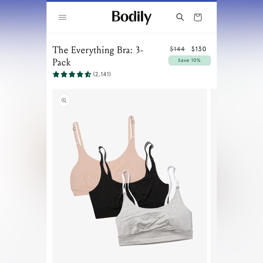 Bodily “The Everything Bra” - 3 pack (M Black, M Blush, S Gray)